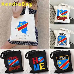 Arms of Democratic Republic Congo Map Flag Heart Round Emblem Brazzaville Cute Gift Idea Canvas Shoulder Tote Bag Cotton Handbag