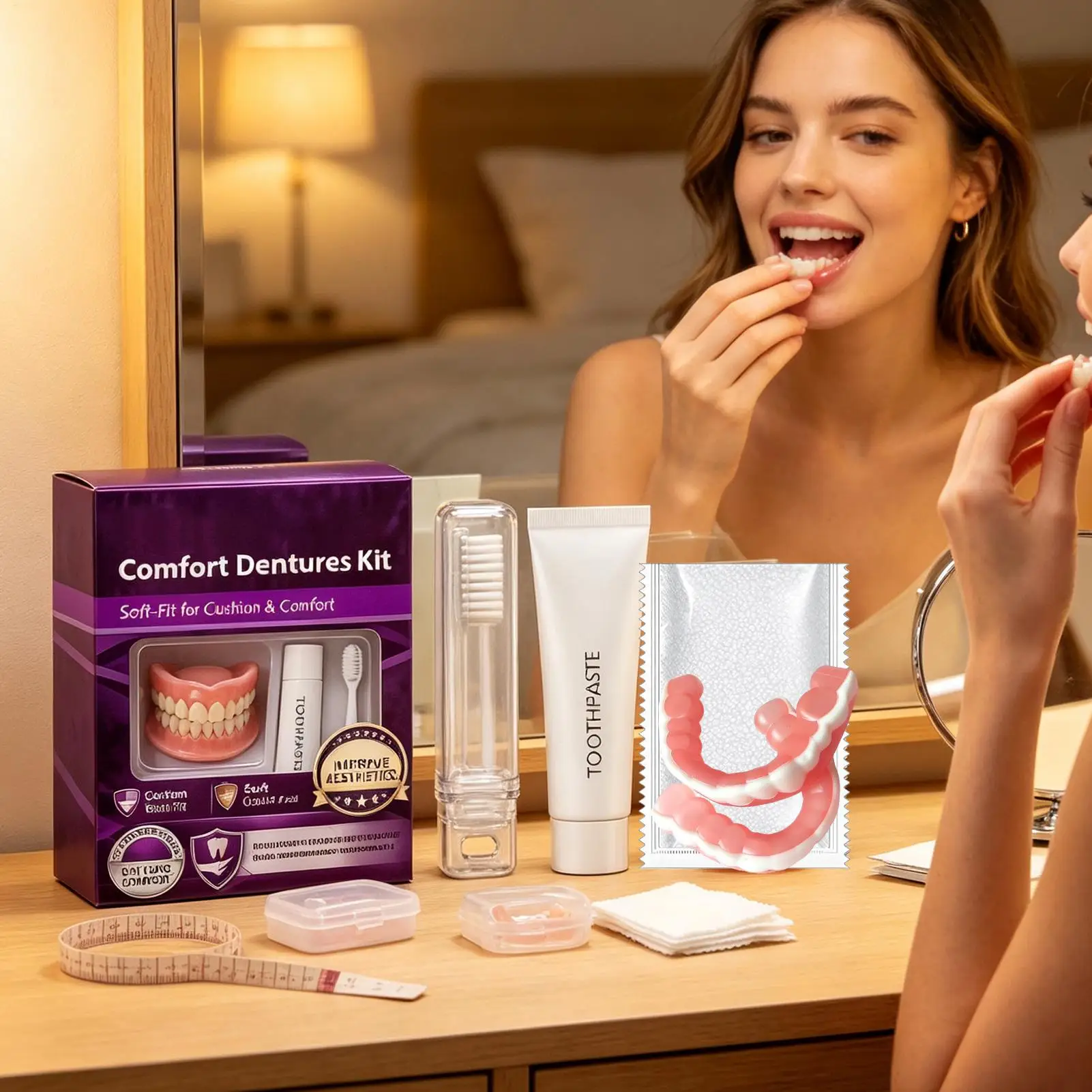 Natural Cosmetic Denture Kit  Realistic Upper & Lower Teeth Set, Cleaning Tools, Instant Smile Veneers, Comfort Fit Daily Wear