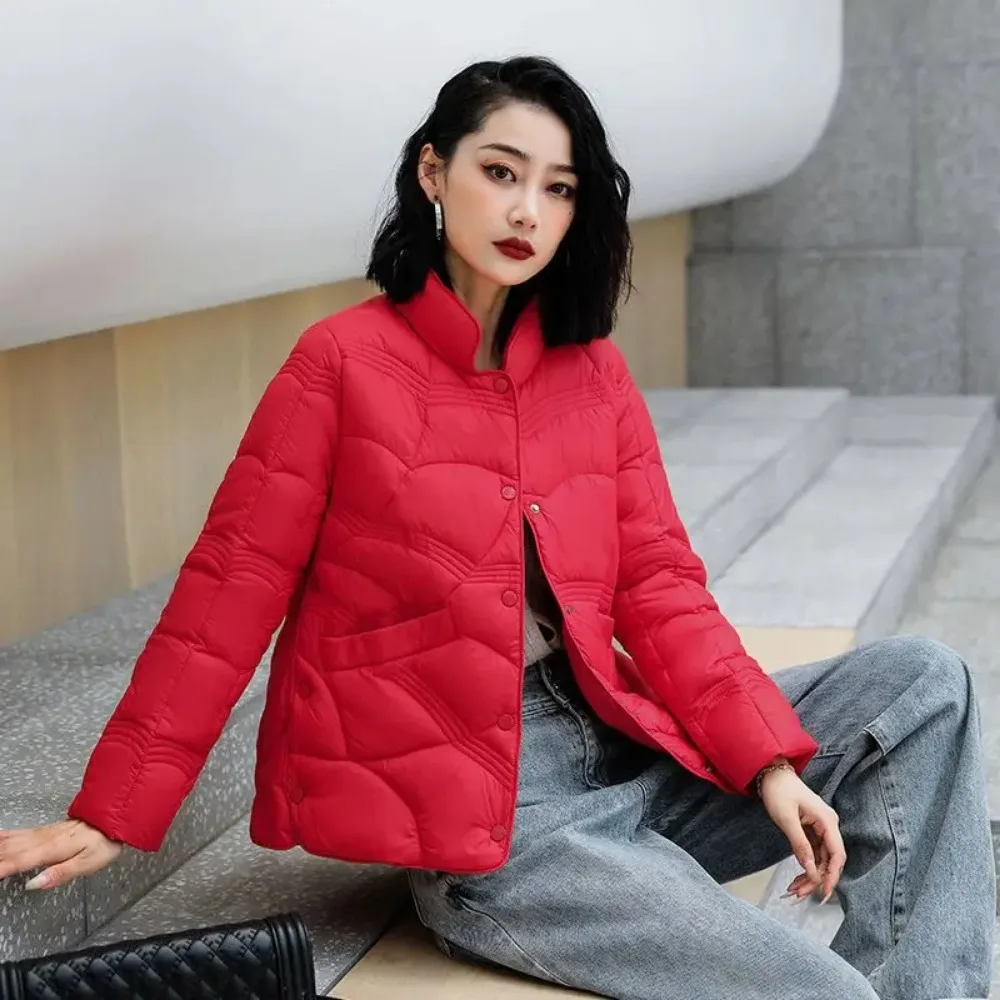 2024 New Chinese Korean Female Fashion Outerwear Women Autumn Winter Jackets Stand Collar Ultra Lightweight White Duck Down Coat