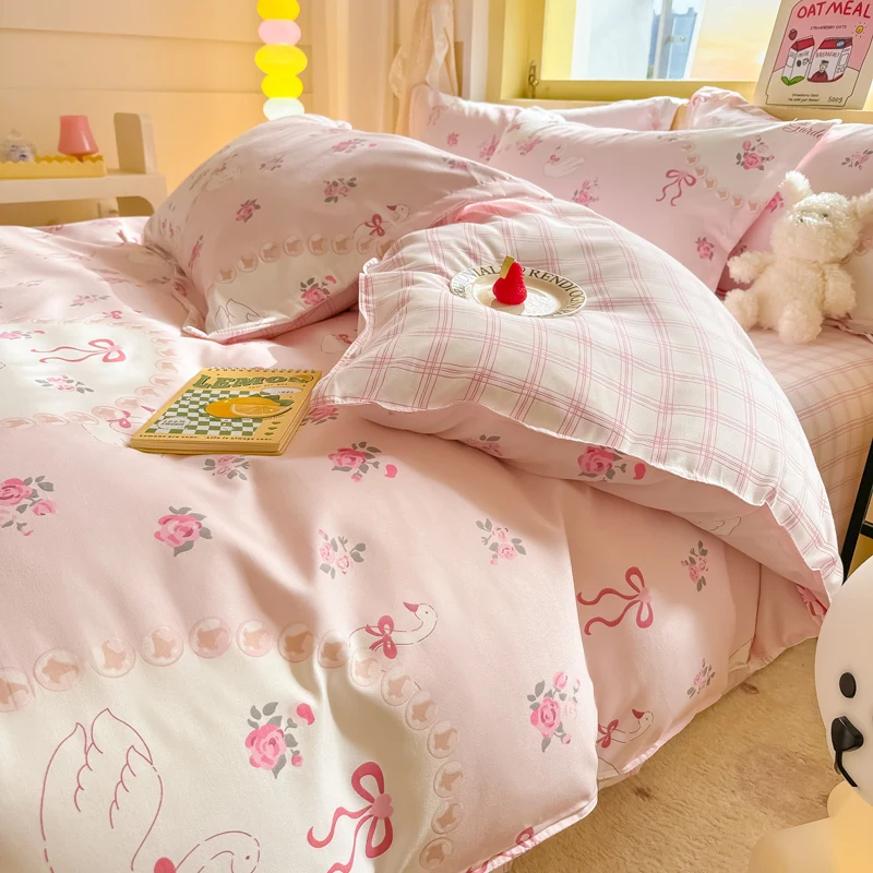 Romantic Rose Floral Duvet Cover Kawaii Cartoon Swan Bedding Set Reversible Quilt Cover + Pink Plaid Flat Sheet + 1/2 Pillowcase