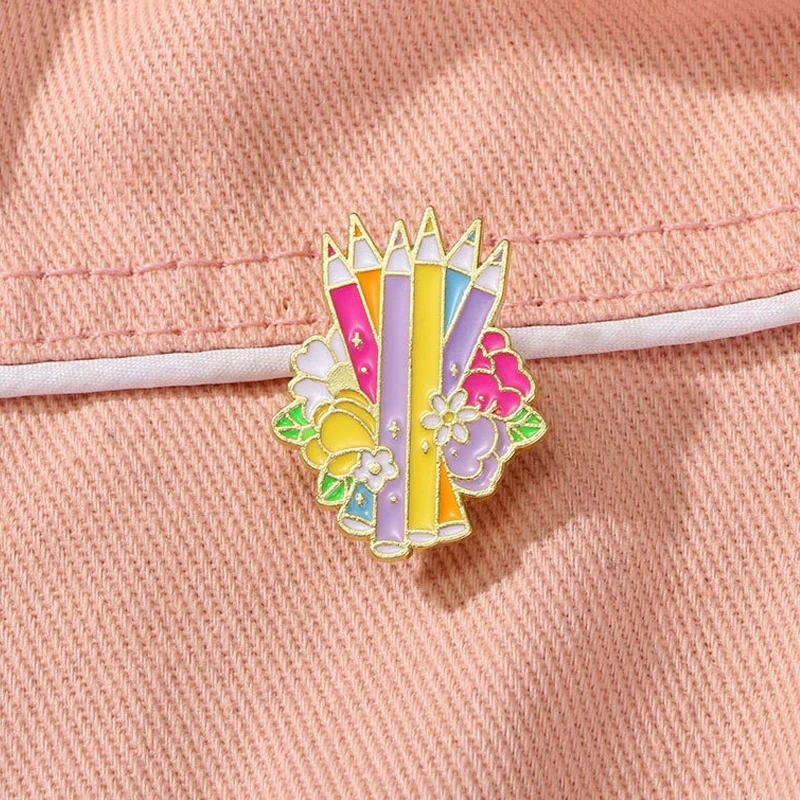 Cartoon Flowers Colored Pencil Enamel Brooch Art Drawing Daisies Tulip Pencil Crayon Metal Badge Clothing Bag Lapel Pin Jewelry