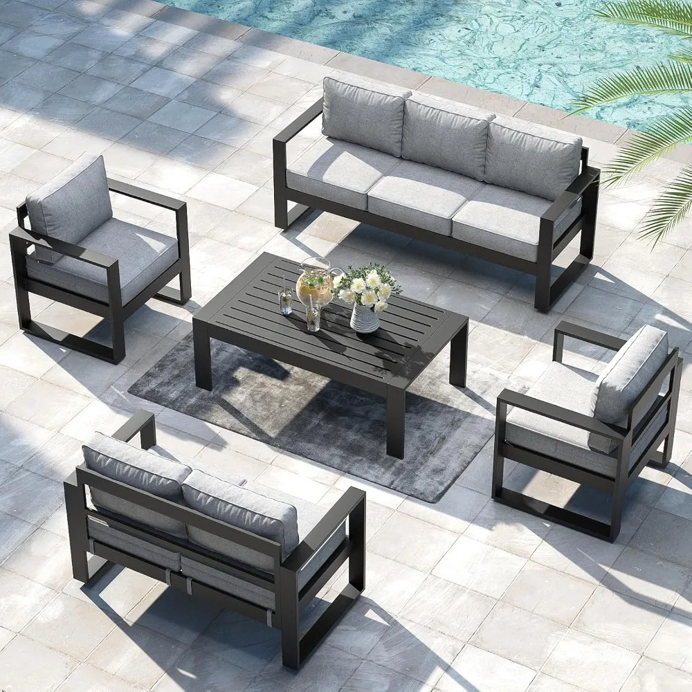 

5 Pieces Aluminum Outdoor Patio Furniture Set, Metal Modern Conversation Sofa Set With Coffee Table And Washable, Customized