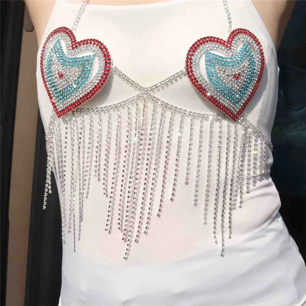 Trend Color Crystal Bikini Tops Big Heart Chest Bracket Rave Body Chain for Women Rhinestone Lingerie Geometric Bra Jewelry