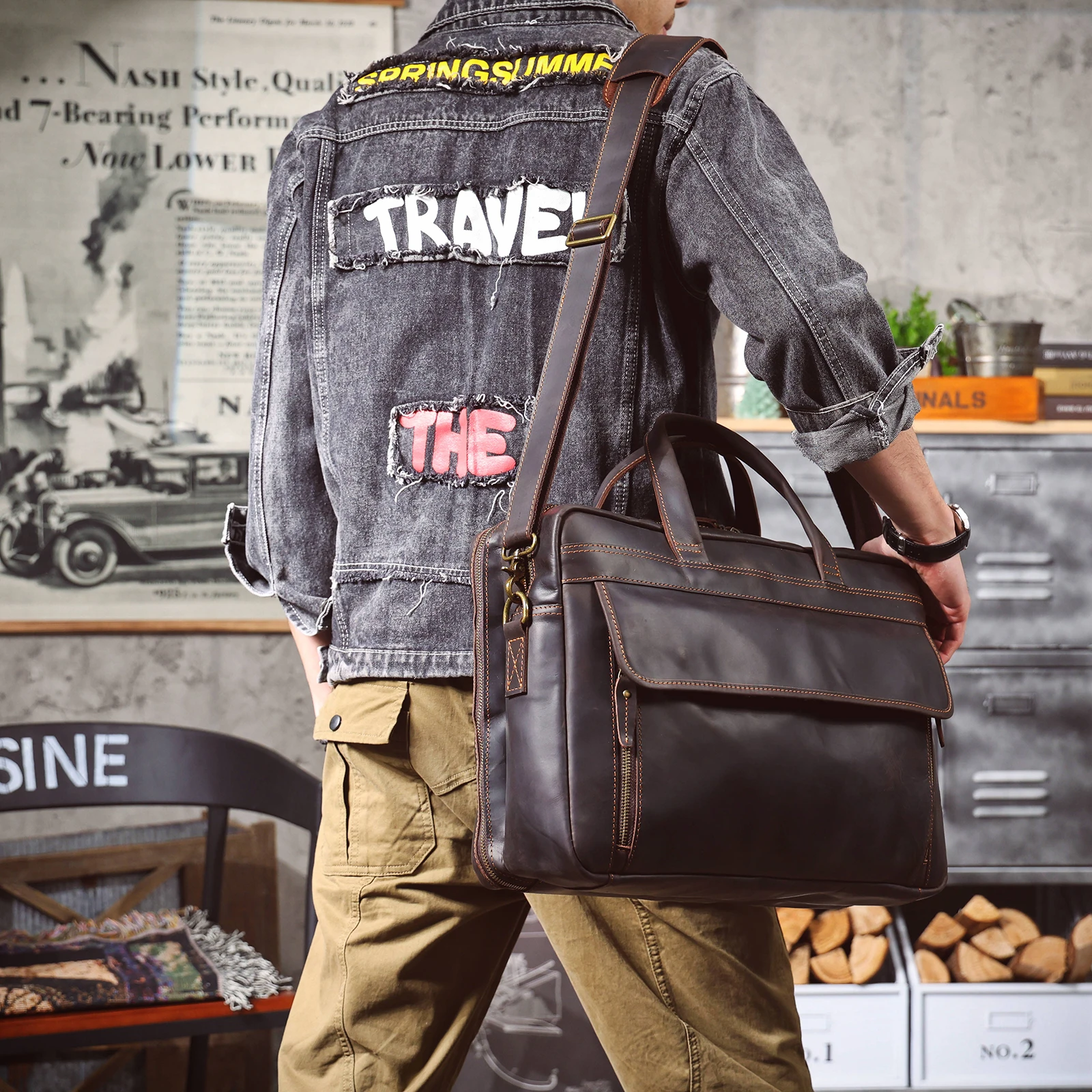 Vintage Echtleder Herren-Aktentasche 17" Laptop-Tasche, Messenger-Taschen für Arbeit und Business, Crazy Horse Rindsleder Handtasche – Detail 4