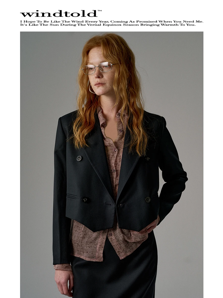 

Windtold Feather Satin Wool Blend ort Jaet Double Breasted Suit Coat Ele Vintage Straight Cut Commute Sle Women's O...