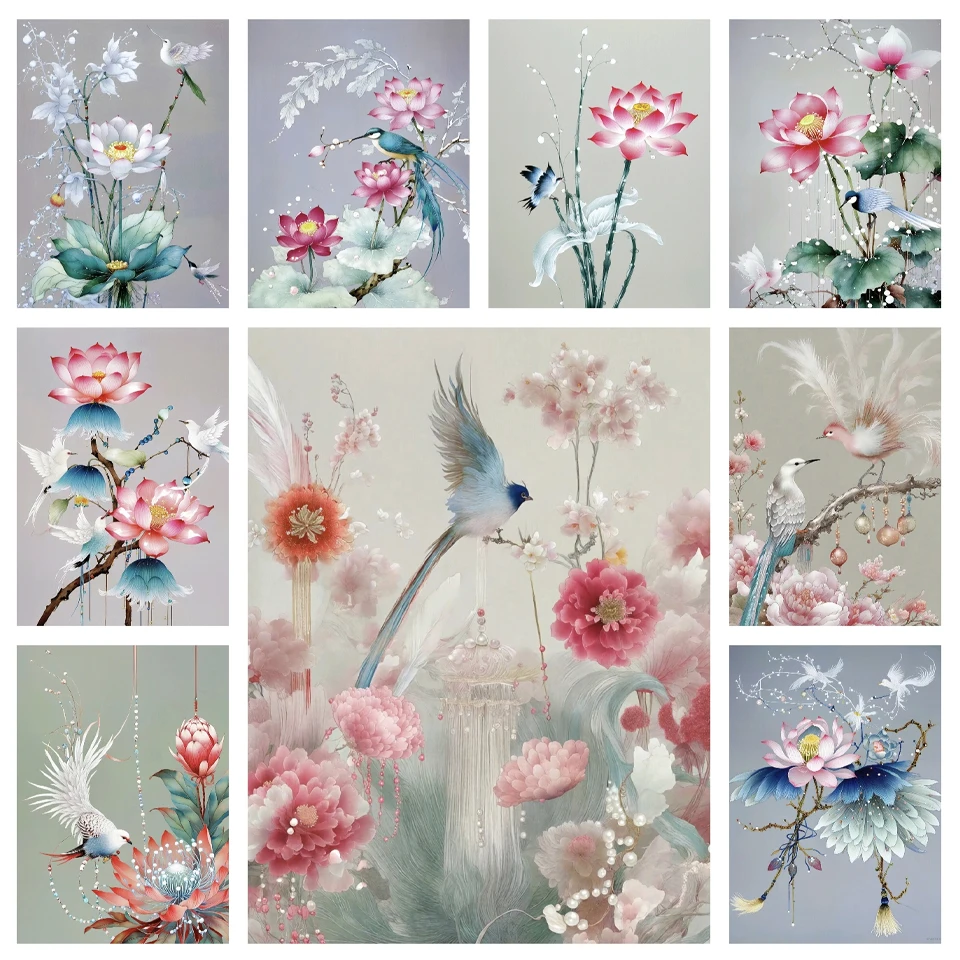 

2024 5D DIY Lotus Flower Bird Diamond Painting Mosaic Cross Embroidery Kit Round Rhinestone Home Decoration Picture New Gift