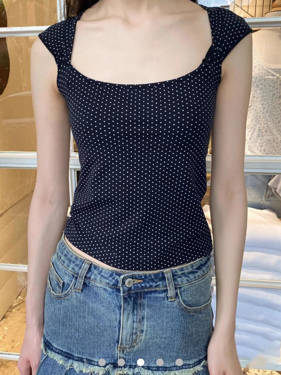 Camiseta ajustada sin mangas de lunares para mujer, camisetas sexis de algodón negro con cuello cuadrado, ropa de calle bonita de estilo Preppy, Top corto Y2k