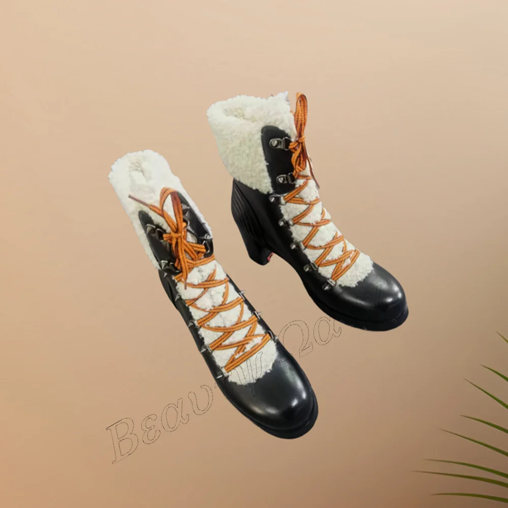 

Женские ботинки на шнуровке, Черные ботильоны на квадратном каблуке, украшенные мехом, обувь на массивном высоком каблуке, новинка 2023