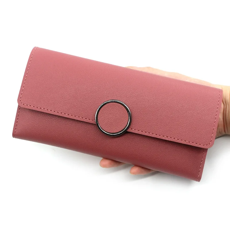 Cartera de cuero para mujer, cartera larga de cuero Pu con cremallera, decoración circular de Metal, monedero con cerrojo para mujer 2024