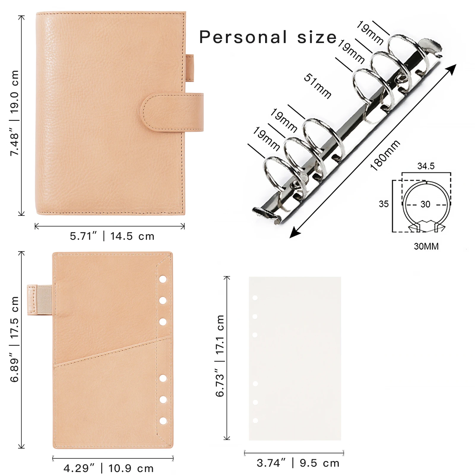 Moterm Personal Size Luxe Rings Planner Vegetable Tanned Leather Notebook with 30 MM Rings Binder Agenda Organizer Diary Journal