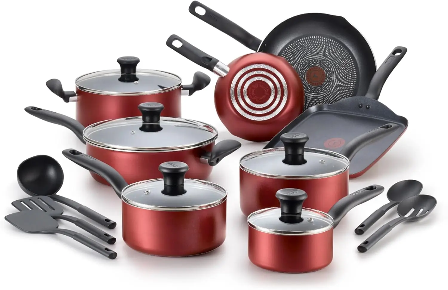 T-fal Initiatives 18-Piece Nonstick Cookware Set, Oven Safe 350F, Includes Fry Pans, Dutch Oven, Griddle, Dishwasher Safe, Red