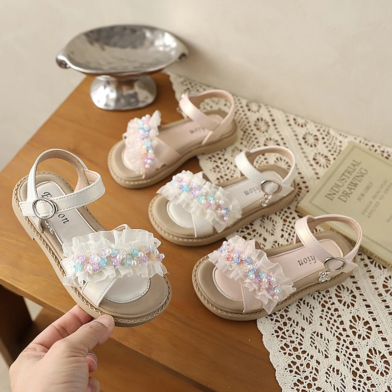 Summer Toddlers Girls Flat Sandals New Princess Lace Ruffle Colorful Flower Bead Kids Dress Shoes Children Sandals Wedding Party