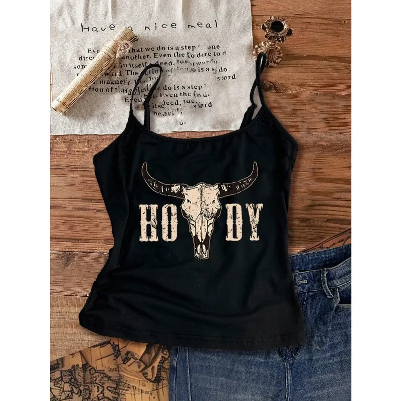 Women Western Cowboy Boots Print Spaghetti Strap Cami Top Vintage Distressed Letter Graphic Sleeveless Crop Tank Top Country