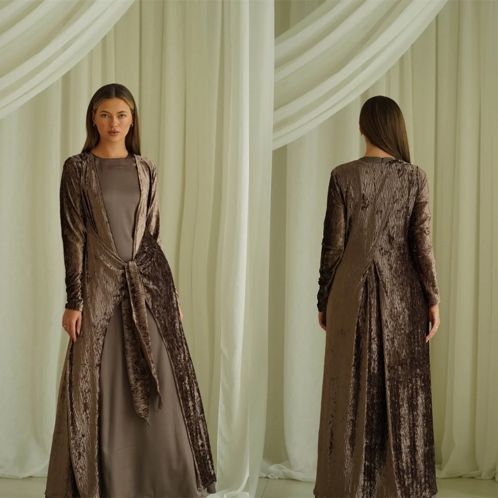 

Customized Formal Jersey Evening Dress Classic Crew Neck Long Sleeves Zipper Back Belt(Sashes) Shawl Bespoke Occasion Gowns