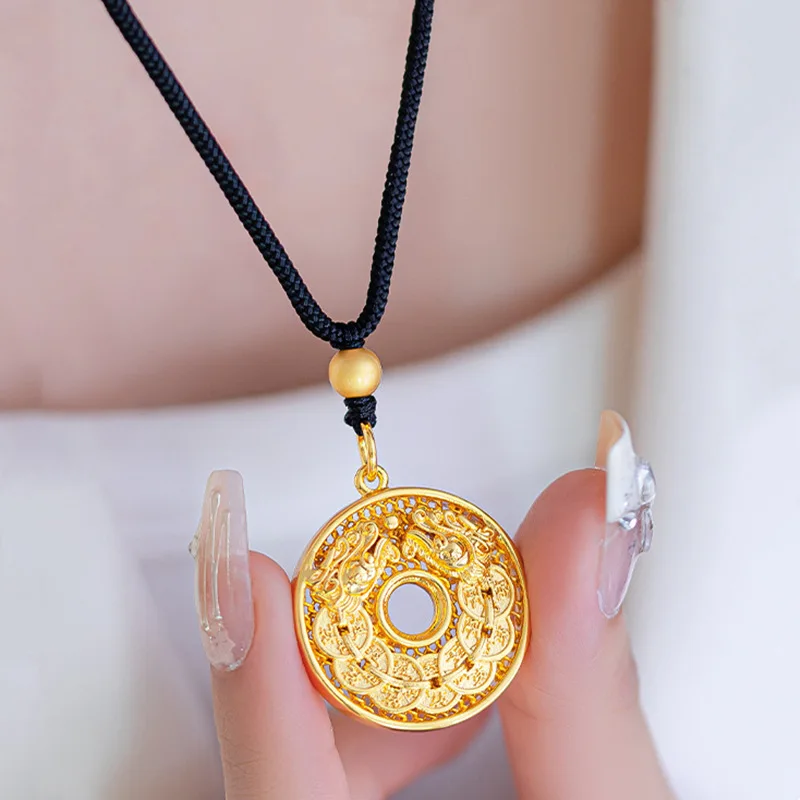 Men women wealth attracting pendant crafted of AU999 24K pure gold, coin pattern fortune pendant matching for couples