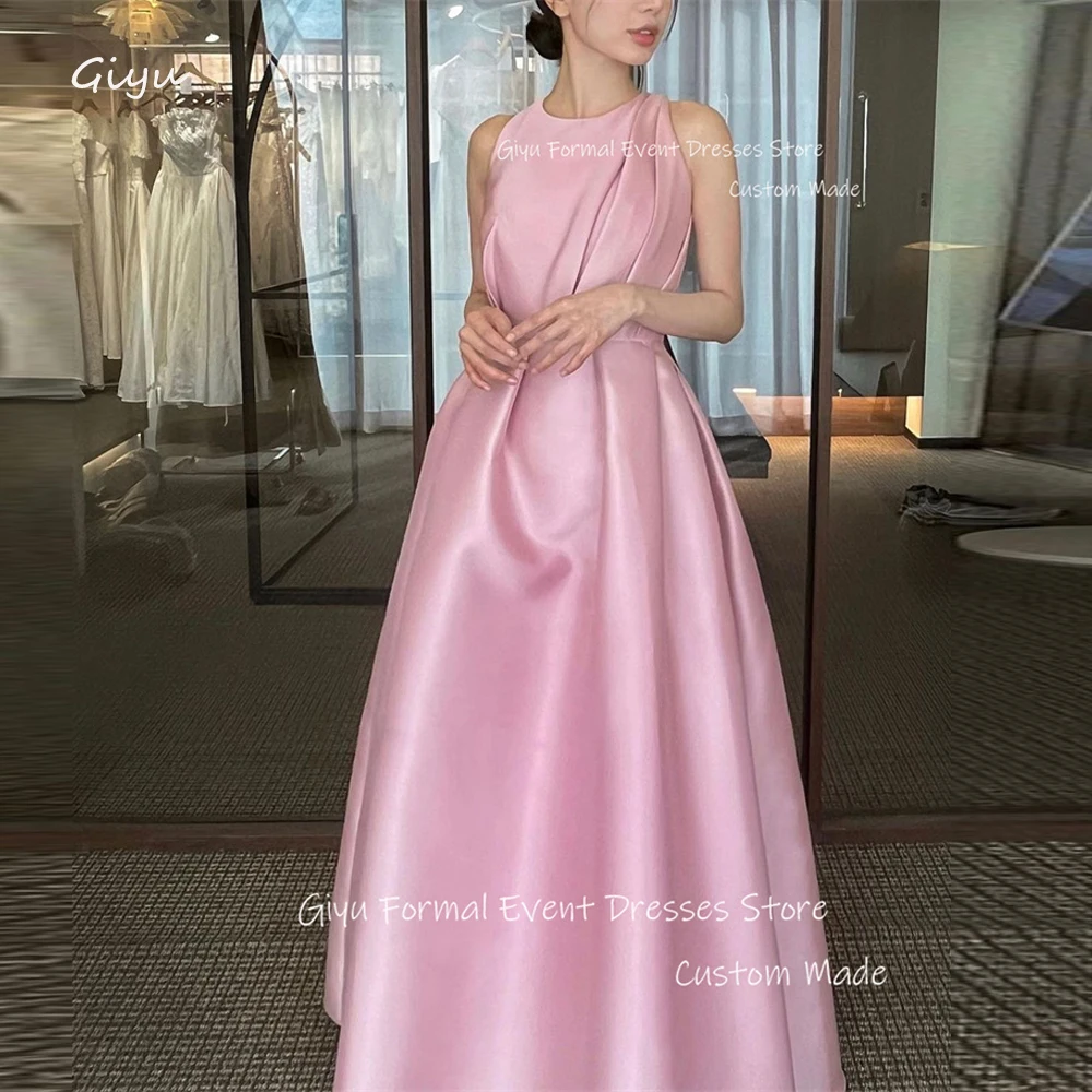 

Giyu Elegant Soft Satin Pink Evening Dresses Wedding Photoshoot O-neck Pleats Floor Length Formal Party Dress