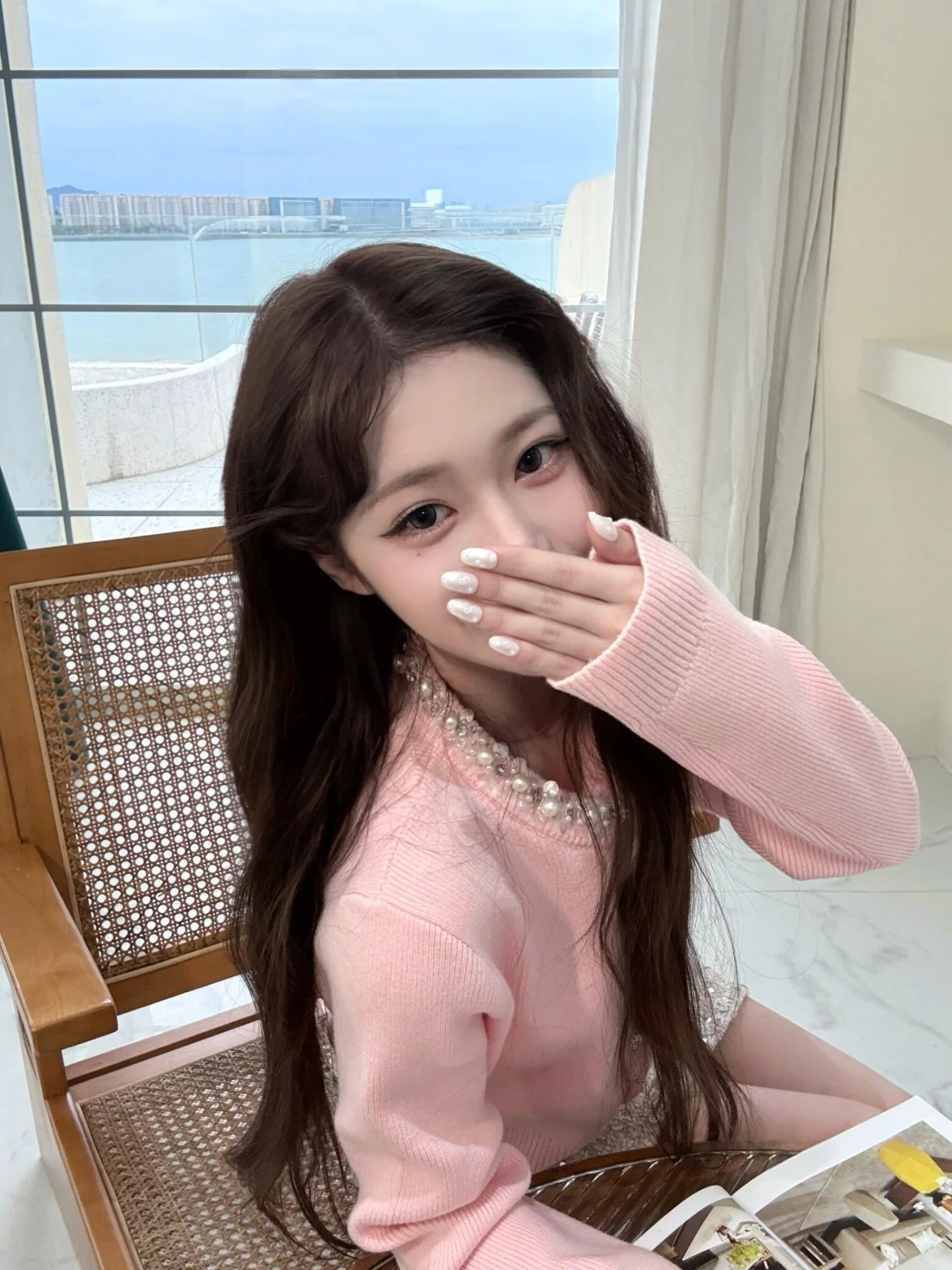 Pink Diamond Embellished Long Sleeve Knitted Cardigan Women's Autumn Winter Sweet Style Slim Fit Short Sweater Jacket