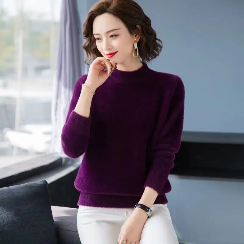 

Pullover sweater autumn and winter clothing mink top sweater Women solid long sleeve casual women solid color sweater pullover