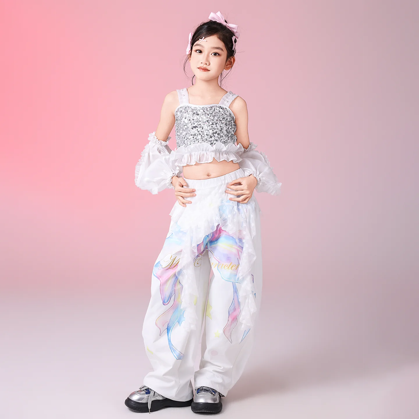 ファッションキッズ K-pop 衣装女の子ジャズダンスパフォーマンス衣装スパンコールトップヒップホップパンツ子供社交ダンス服 XS10585