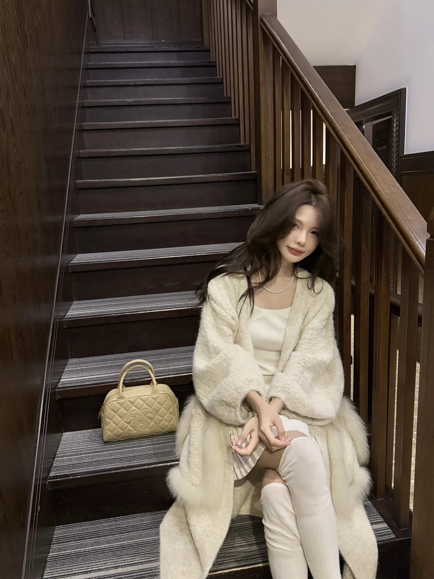 

Меховой вязаный кардиган Morning Fog Milk Foam Aosphere Long Sve V-Ne на пуговицах, женский свитер средней длины Lazy Sle