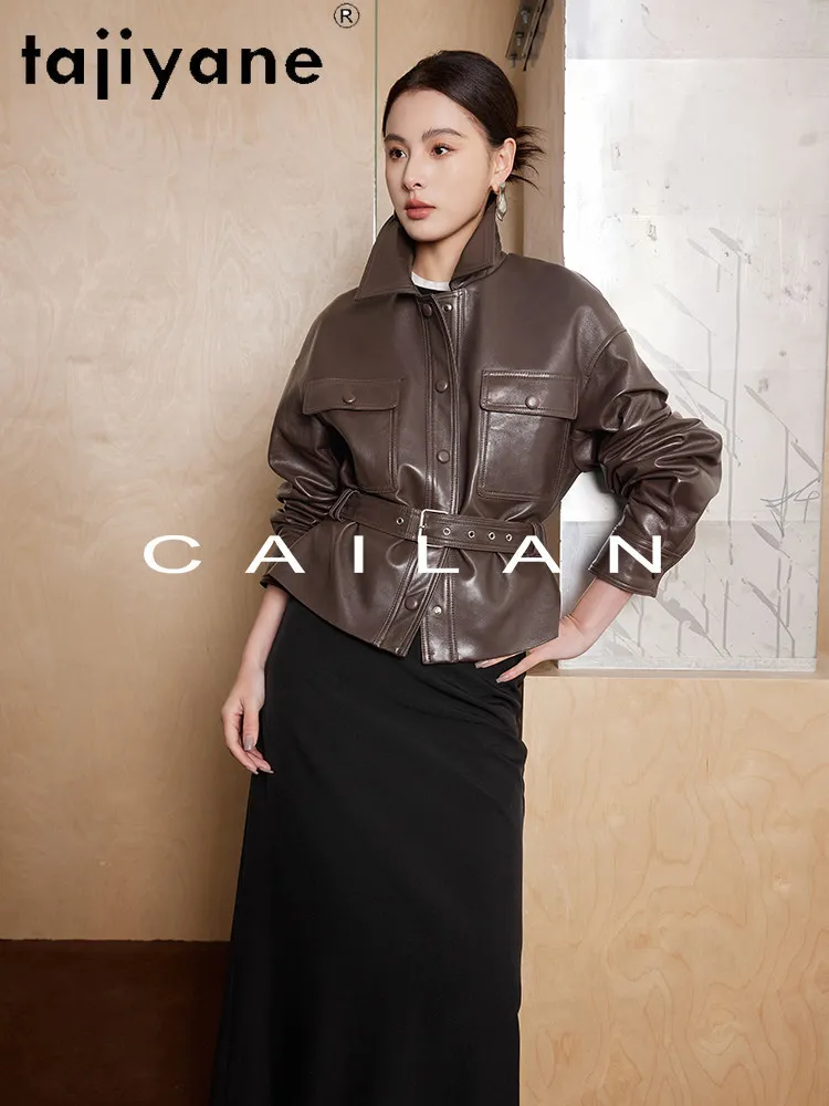 TAJIYANE オイルワックス加工シープスキンレザージャケット女性用スタイリッシュベルトコートショートリアルレザージャケット2026春婦人服дубленка