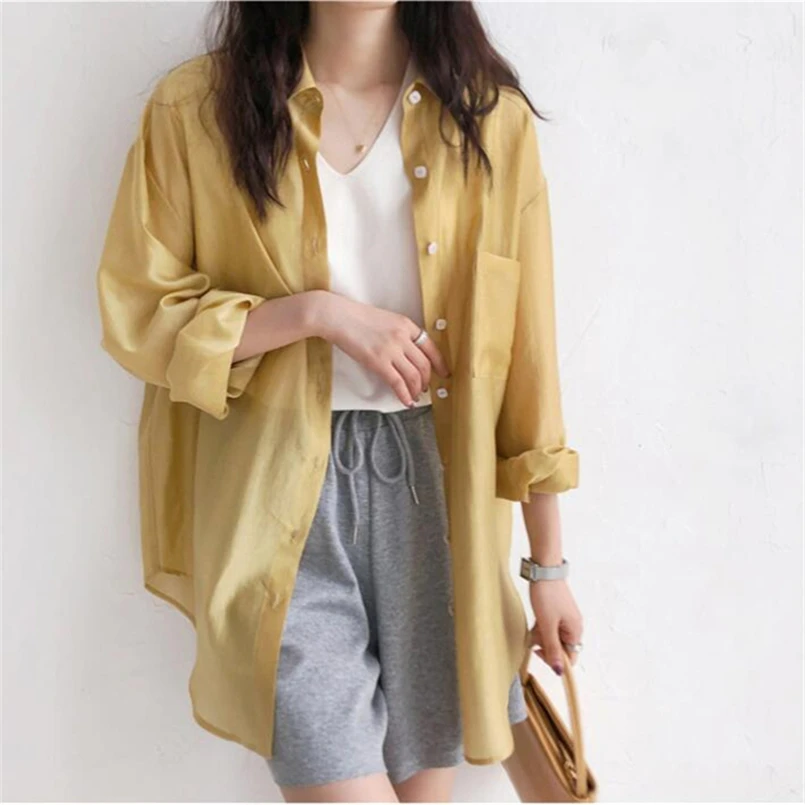 Summer Korean Fashion Button Up Thin Shirt Vintage Loose Blouse Women Long Sleeves Back Slit Chic Shirts Female High Street Tops