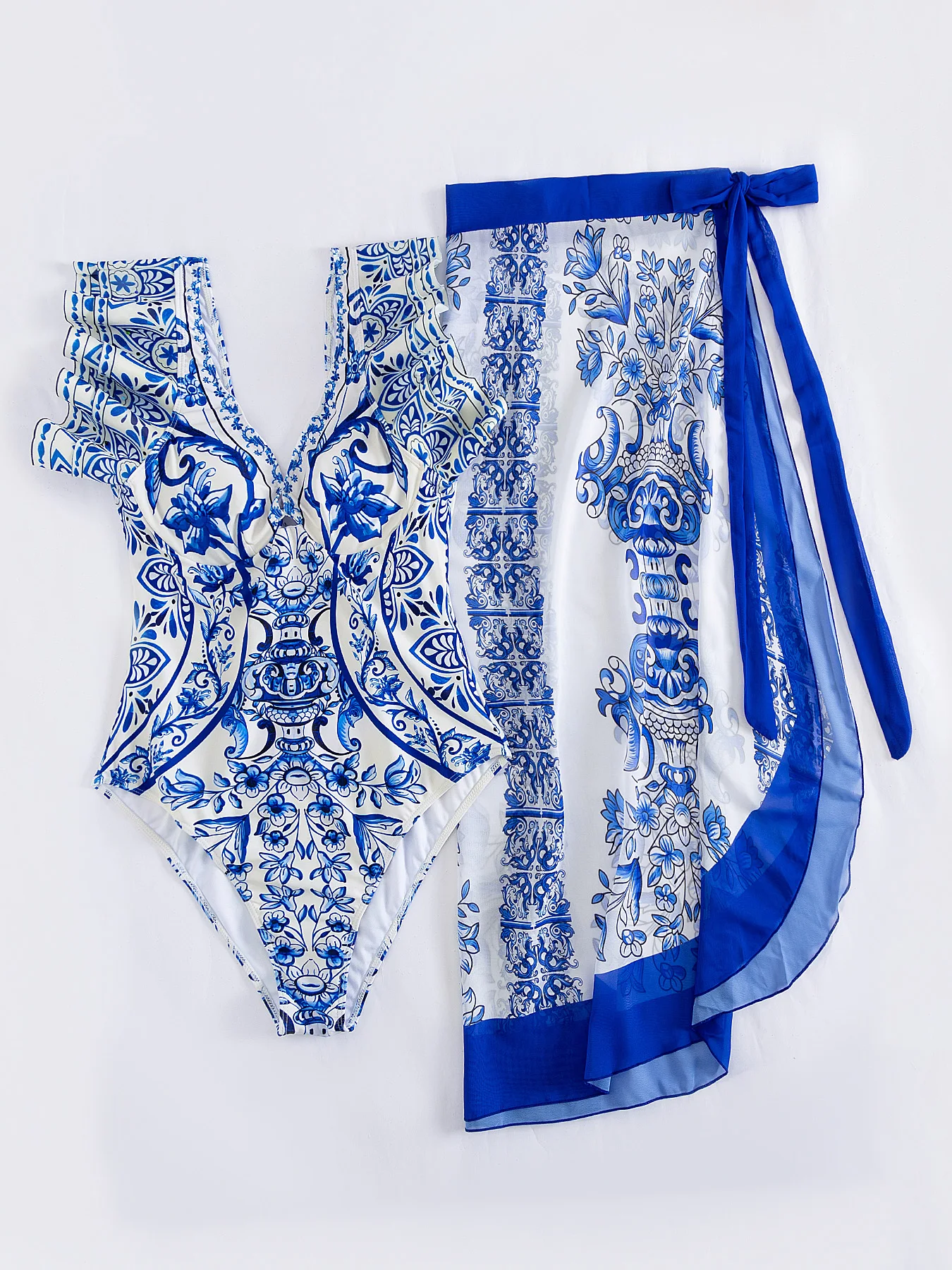 

2025 Elegant Blue White Porcelain Print Swimsuit Ruffle Sleeve with Matching Skirt Perfect Beach Summer Getaways Vacation Wear