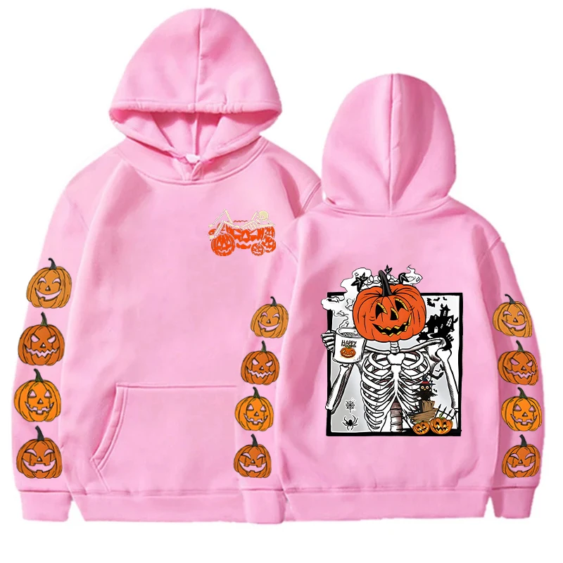 Pumpkin Skeleton Drinking Women Hoodies Casual Pullovers Hoody Funny Skull Halloween Party Designer Graphic Men's Sweatshirts