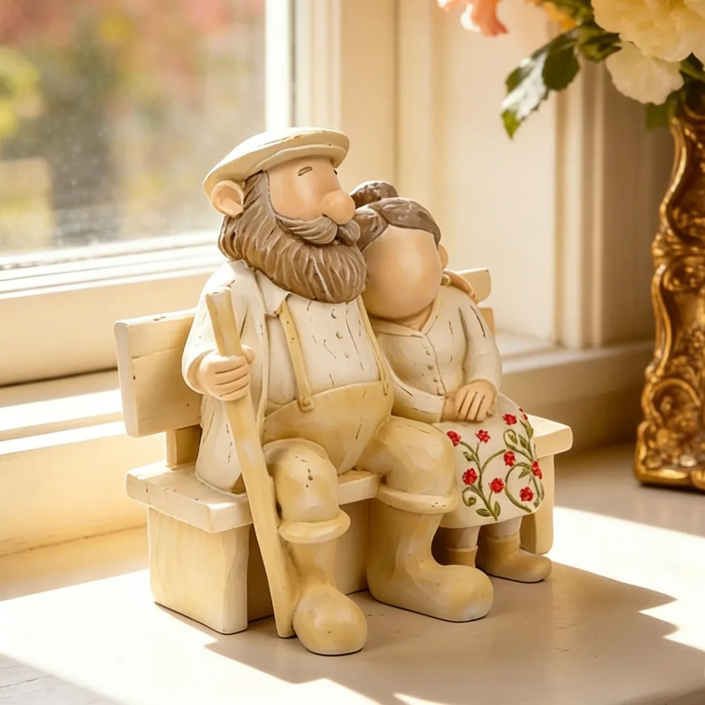 Resin Figurine Craft Gift for Grandparents and Parents Sitting on a Bench Ideal for Festive Decorations as Sculpture Ornaments