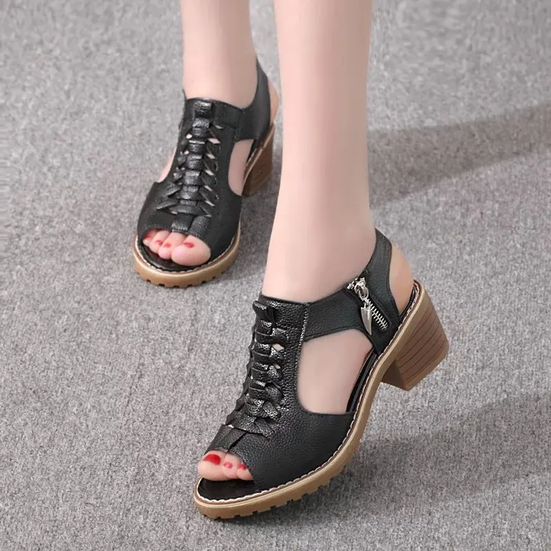 Comemore 2024 New Women\'s Square Heel Summer Shoes Leather Zip Gladiator Sandals Medium Heel Zip Platform Sandals High Heels 43