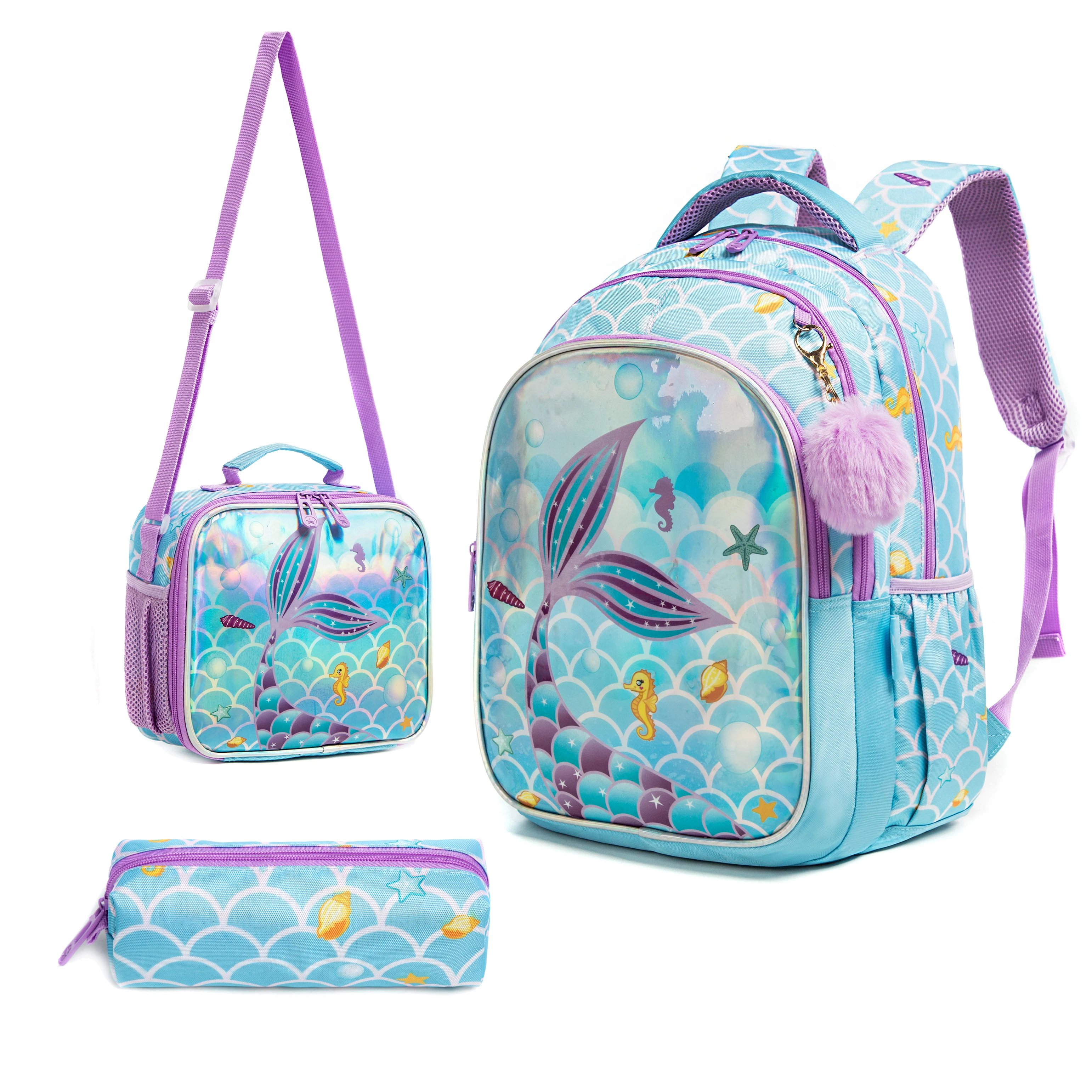 Meetbelify Cute Blue Mermaid Backpacks for Girls Elementary Kindergarten Students with Lunchbag and Penbag