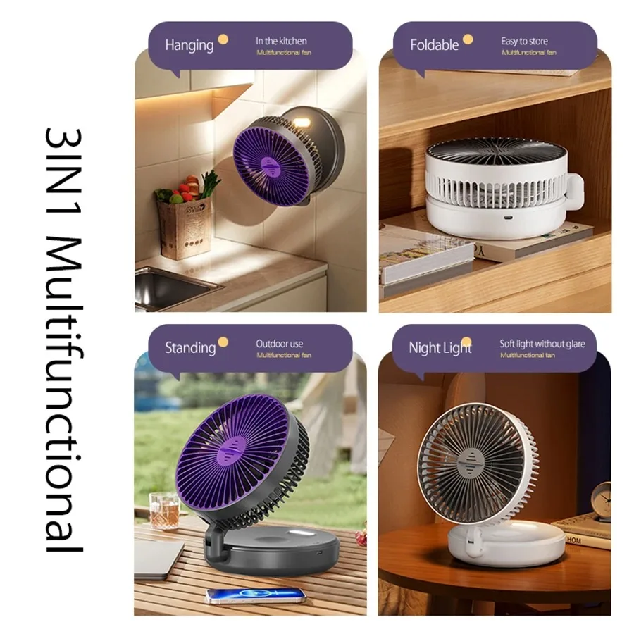 พัดลมแบบชาร์จไฟได้พัดลมตั้งแคมป์กลางแจ้งพัดลมติดตั้งผนังพร้อมไฟ LED ฟังก์ชั่นน้ำมันหอมระเหย