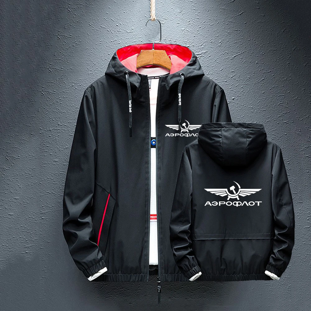 

2023 Spring Autumn Aeroflot Aviation Russe Pilote Aerospace Zip Casual Hooded Coat Fashion CCCP Solid Color Windbreaker Jackets