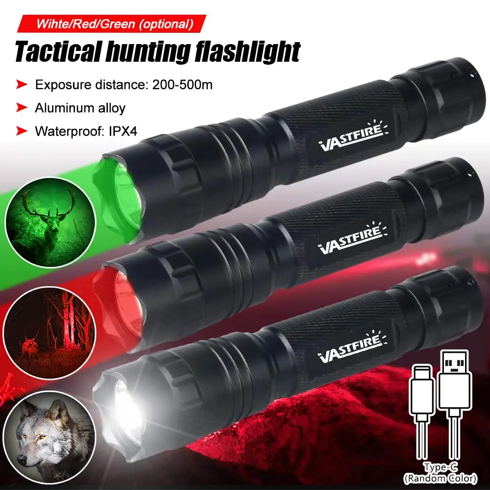 Vastfire LED Professional Hunting Green Red White Flashlight Tactical 1Mode Torch USB Rechargeable Lantern Power by18650 Battery