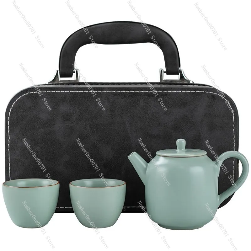 Ru Ware Level Teapot Set, Ceramic Tea Set with 2 Cups, Compact Home Office Tea Brewer, Traditional Gift Box