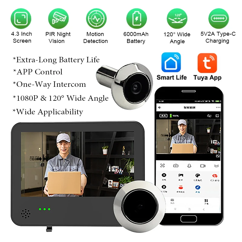 Tuya Smart WIFI Video Doorbell Camera 4.3 Inch Screen 120°Wide-Angle Monitoring Night Vision PIR Motion Detection Digital Bell