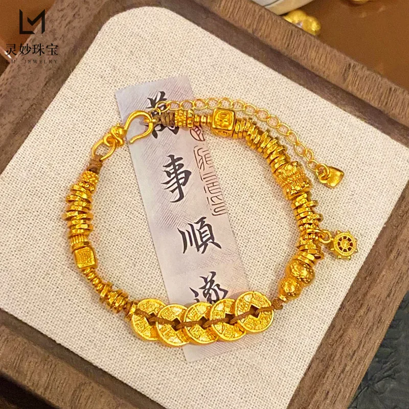 

9999 24K real gold luxury jewelry eight treasures and five emperors money and cash entanglement gourd bracelet