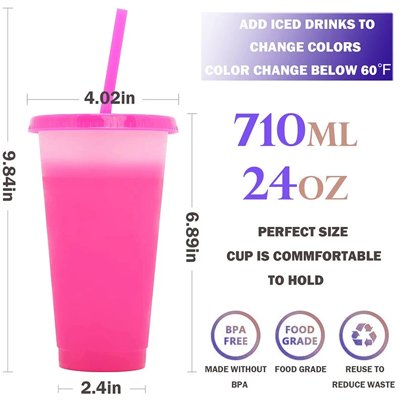 Pack of 10 Reusable Plastic Cups with Lids and Straws, 710ml Color Changing Cups, Color Changing Party Cups, Reusable Travel Mug