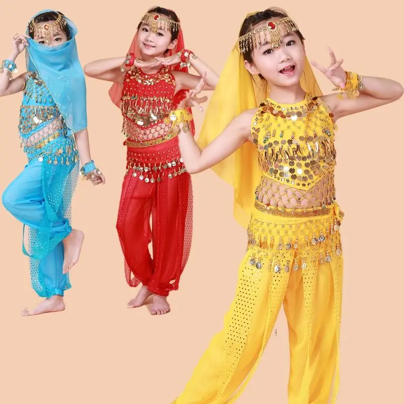 Stage Chiffon Children Indian Belly Dance Girl Costume Halloween Performance 7pcs Sets Kids Dancing Cloth Outfits