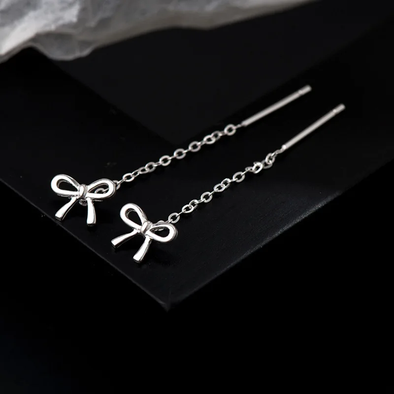 Korean Cute Bow Ear Wire 925 Silver Needle Tassel Earrings for Women Small Fresh Women Fashion Charm Jewelry Accessories Gift