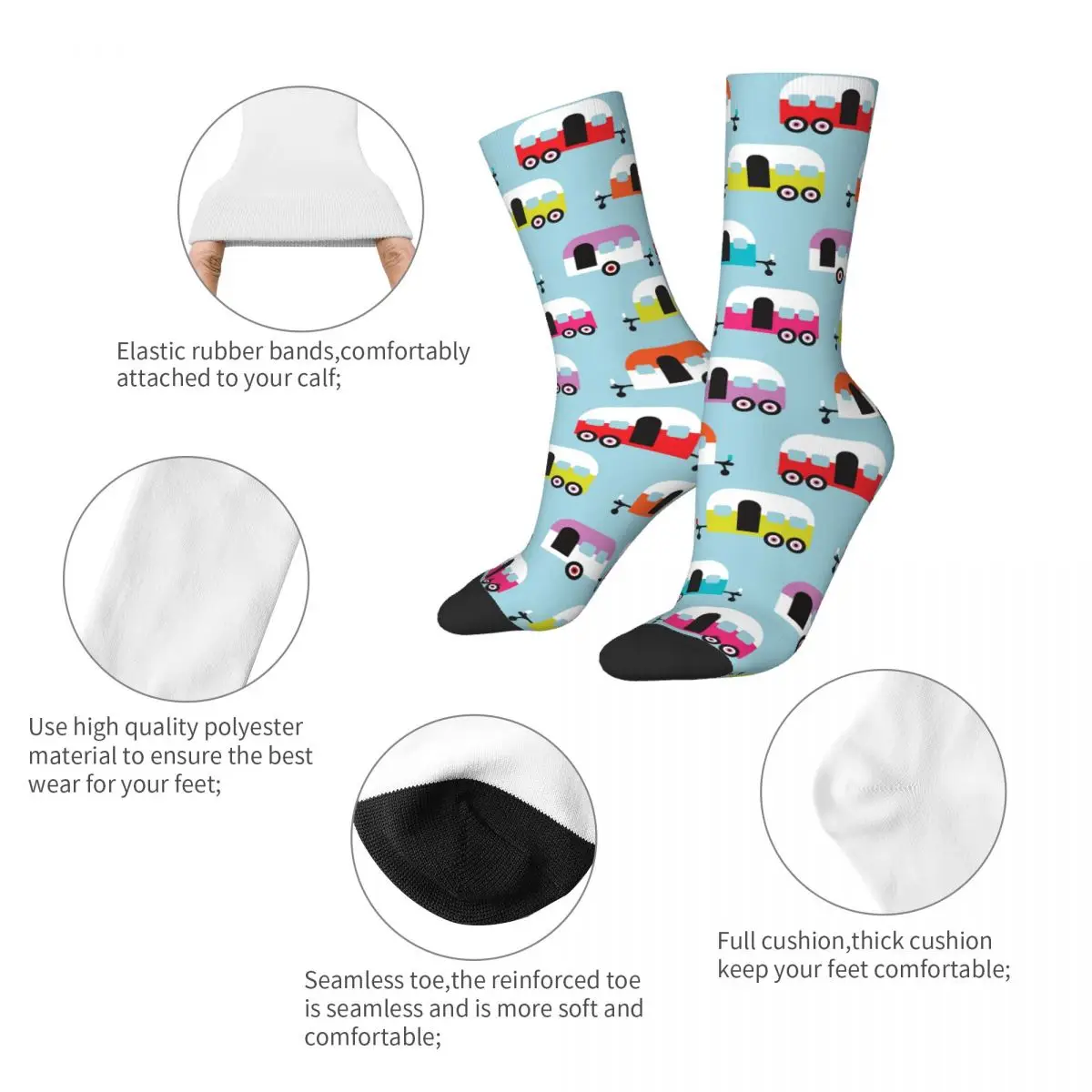 Happy Camp Socks Men's Women's Funny Happy Cute Caravan Socks Harajuku Spring Summer Autumn Winter Middle Tube Socks Gifts