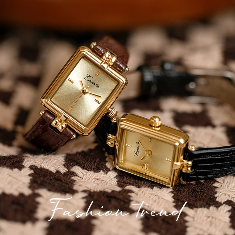 rectangle vintage gold dial quartz watch waterproof leather band bracelet hand ring chain dress movement clock gift Relogio