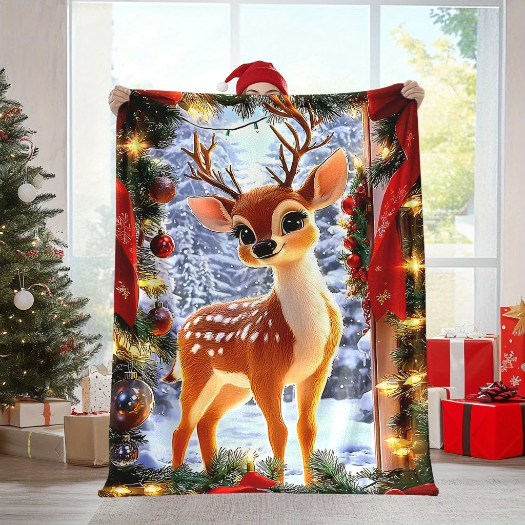 Reindeer Christmas Wreath Lights Warm Cozy Throw Blanket for Playroom Vivid Underwater Print Blanket Accent