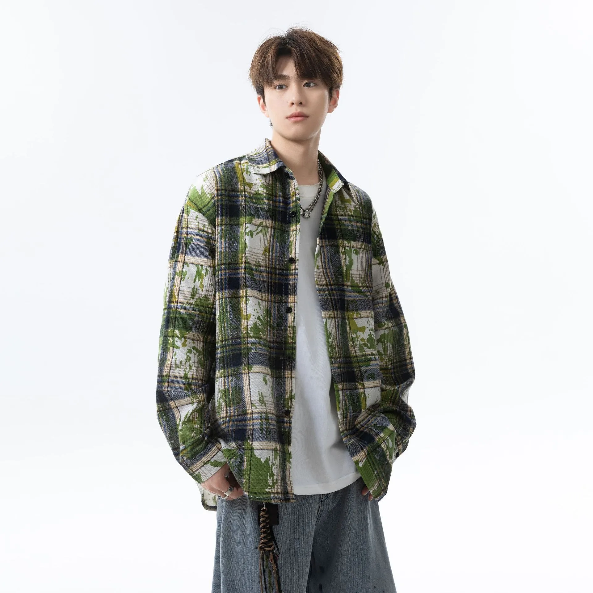 

Youth American Style Shirts Tie Dye Breathable Retro Man Plaid Blouse Jackets Women's Loose Casual Coat Trend Fashion Tops Tees