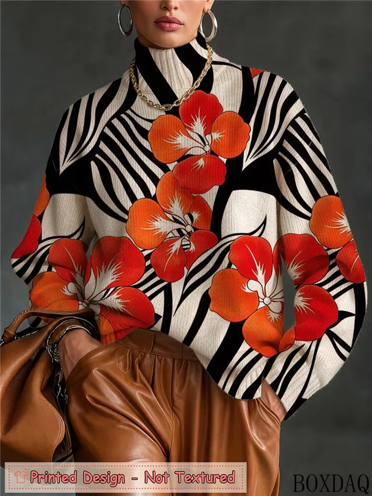 Women Fall Winter Turtleneck Watercolor Botanical Leaf Print Shirt Long Sleeve Loose Blouse  Gradient Knit Elegant Casual Tops