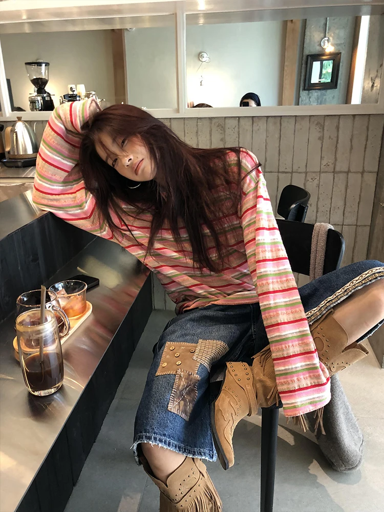 فضفاضة تناسب طويلة Sve جولة Ne تي شيرت مخطط المرأة الخريف عارضة تنوعا أعلى مريحة فضفاضة Sle Faionable