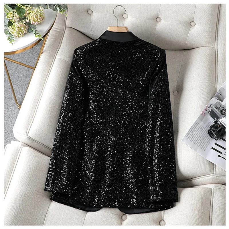 Fried Street Blazer for Women, Female Sequins Jacket, Black Leisure Suit Tops, Spring Autumn , Sense of Design, New Brand, 2023