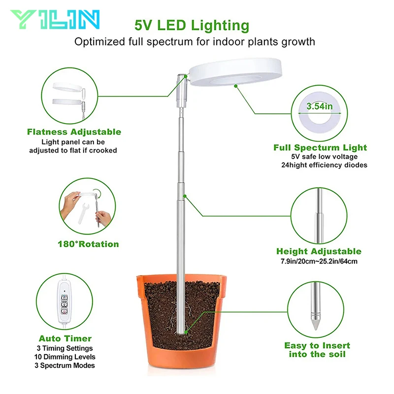 Table LED Plant Grow Light Full Spectrum Plant Growing Lamp Adjustable Height With 3-9-12 Auto On/Off Timer For Indoor Plants