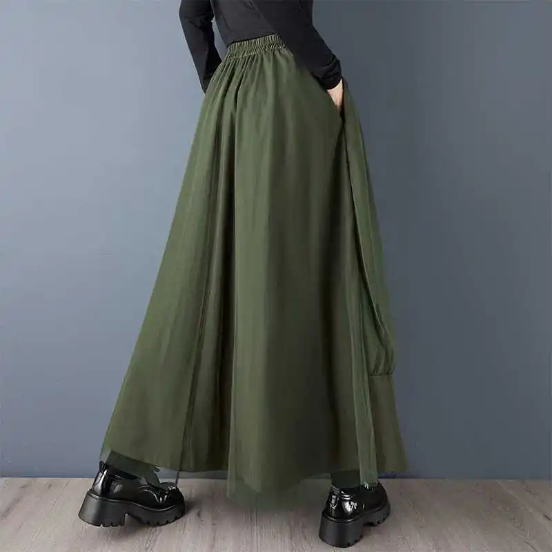 HKSH Spring Autumn New Women's Skirt Elastic Waisted Mesh Patchwork Multi-Pocket Pleated A-line Trendy Casual Y2K Skirts HK16164