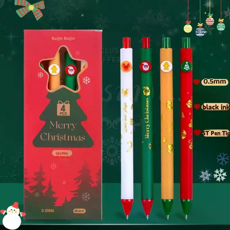 

4 шт., рождественская декоративная гелевая ручка с черными чернилами, 0,5 мм, быстросохнущая ручка для школы, офиса, инструмент для письма, студенческие канцелярские принадлежности, подарок